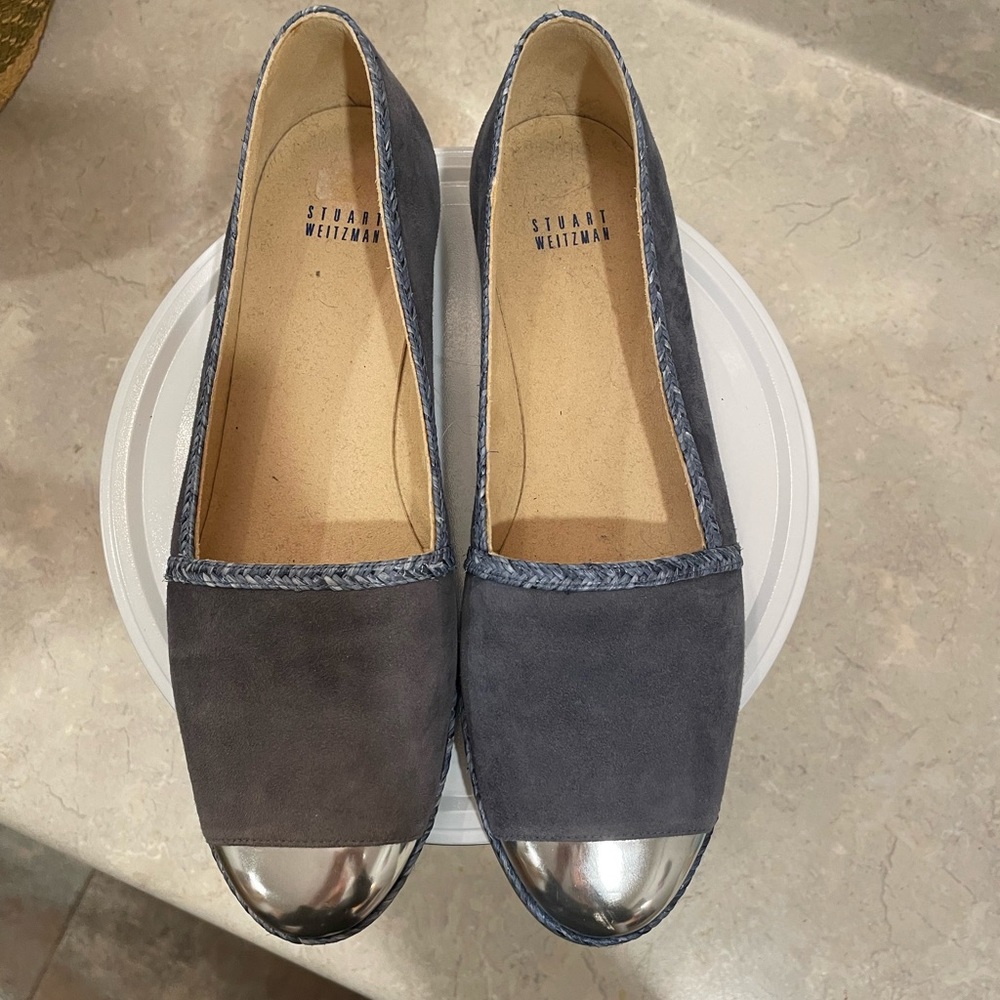 Blue suede Stuart Weitzman flats with mirrored tops